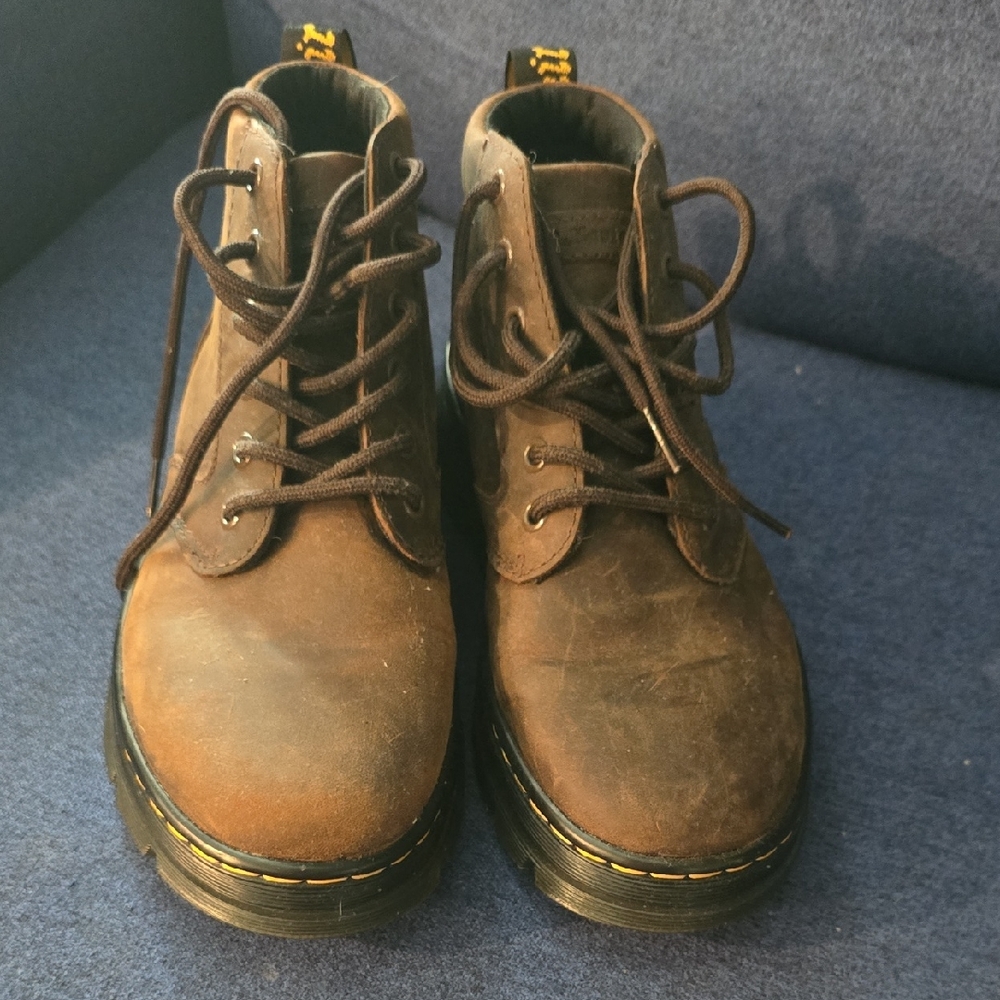Dr Martens Bonny Leather Brown Lace-Up Boots with Yellow Stitching US Size 8L/7M